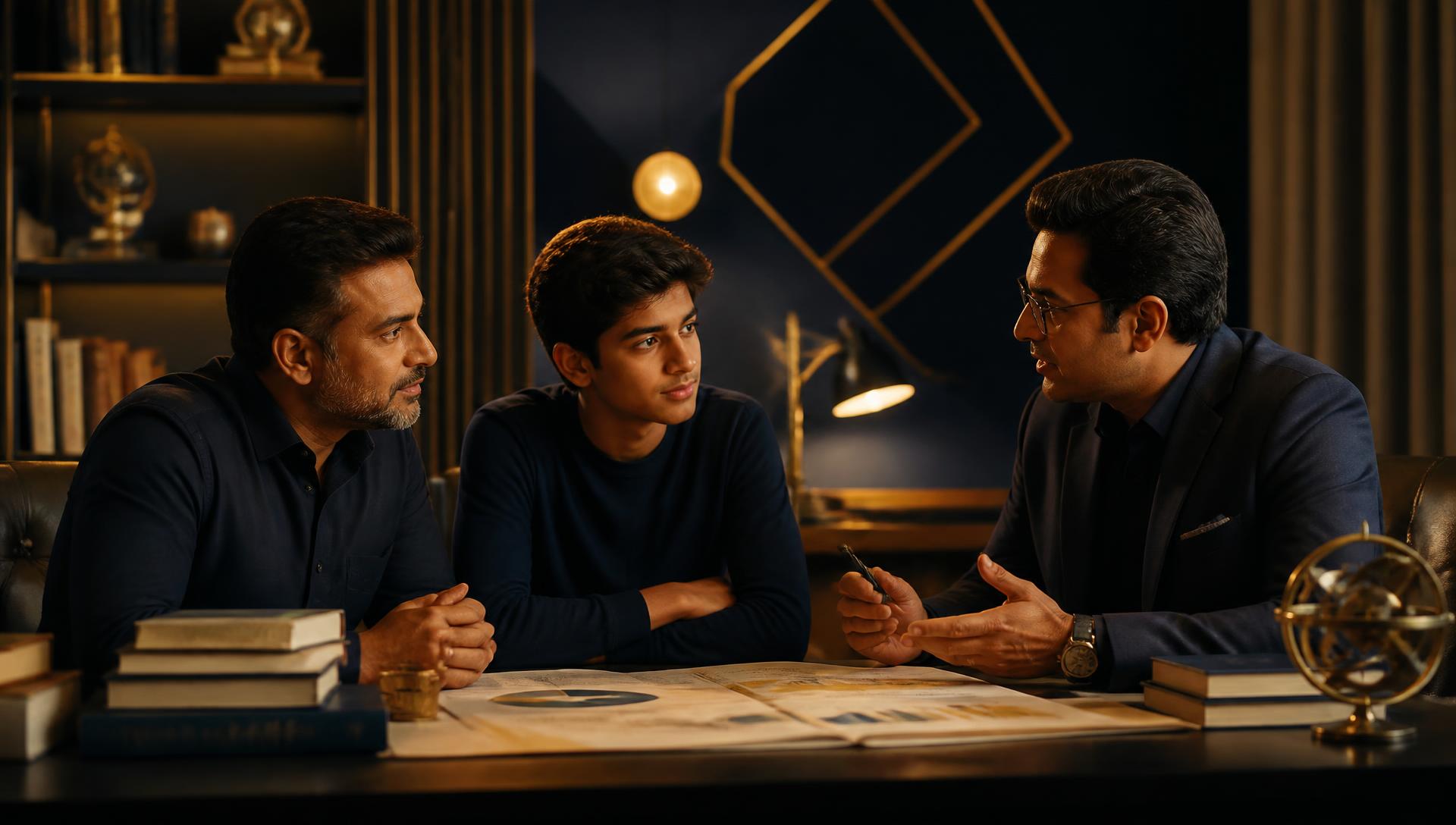 A parent, student and mentor discussing an academic plan