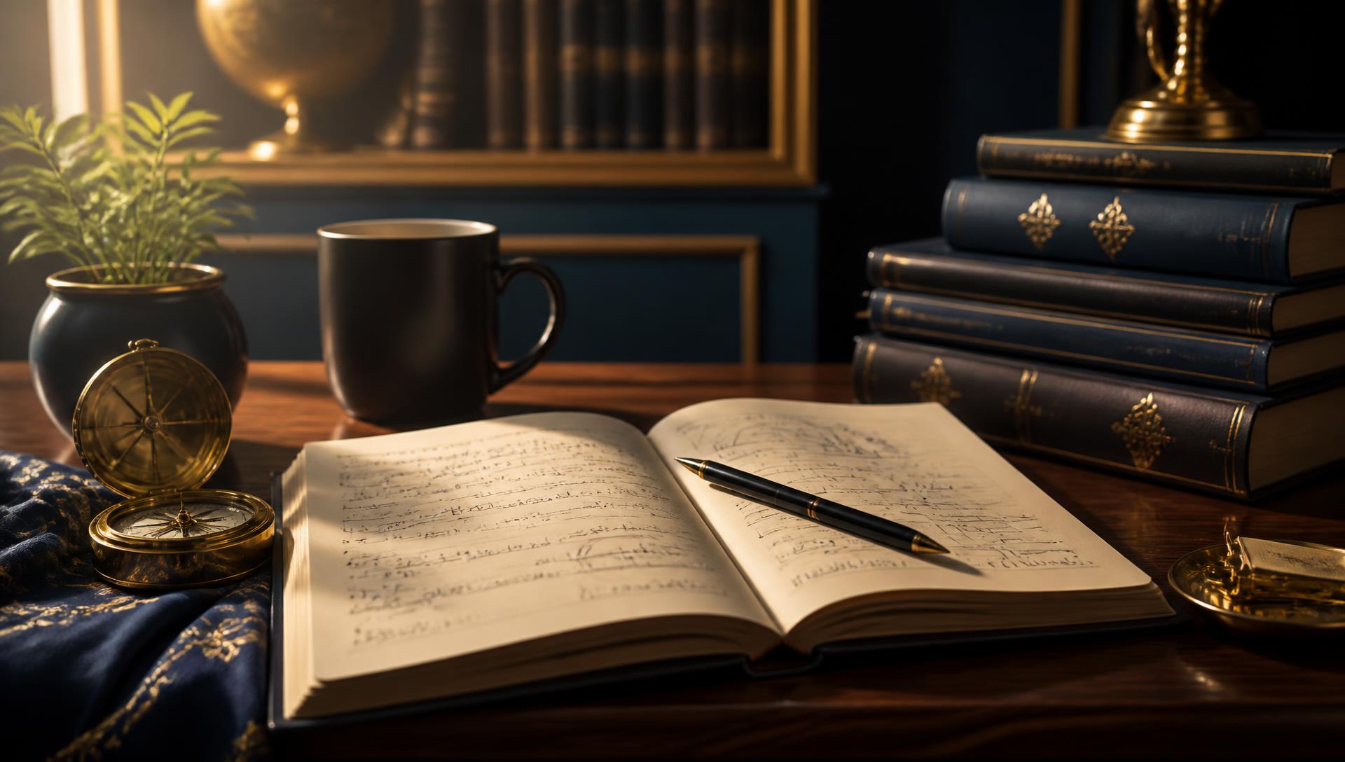 A desk with handwritten notes, a brass compass and academic books
