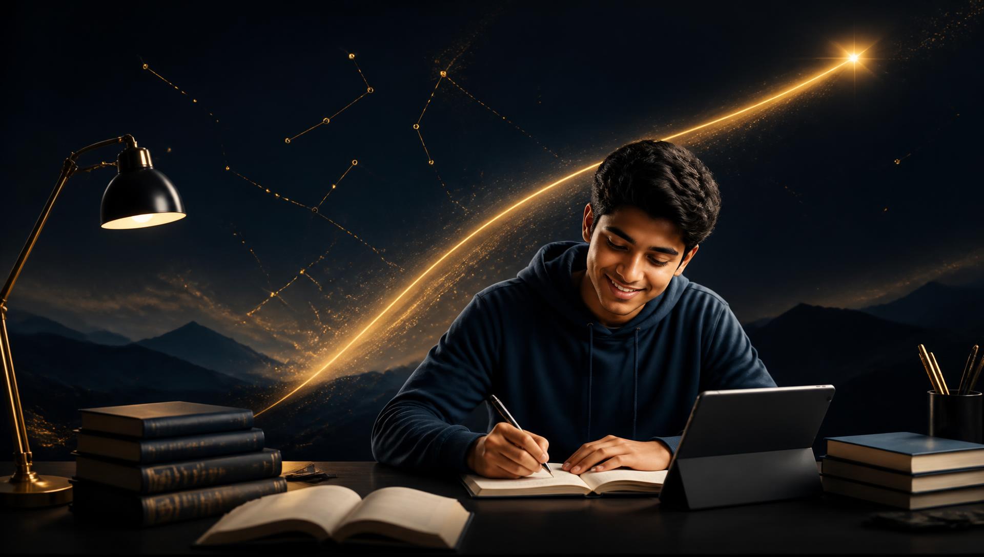 A student studying under a rising golden trajectory