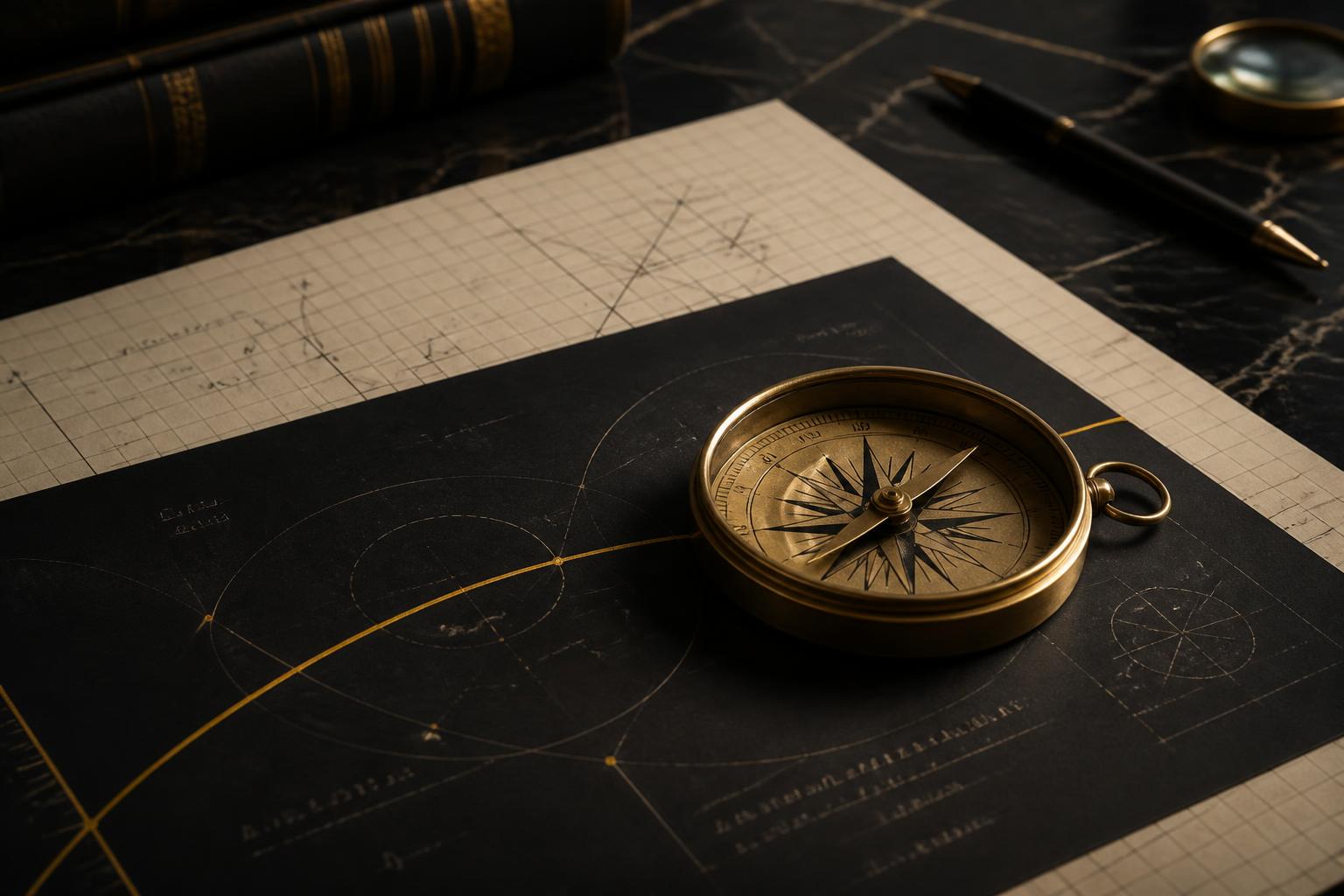 Brass compass mapping a precise academic trajectory