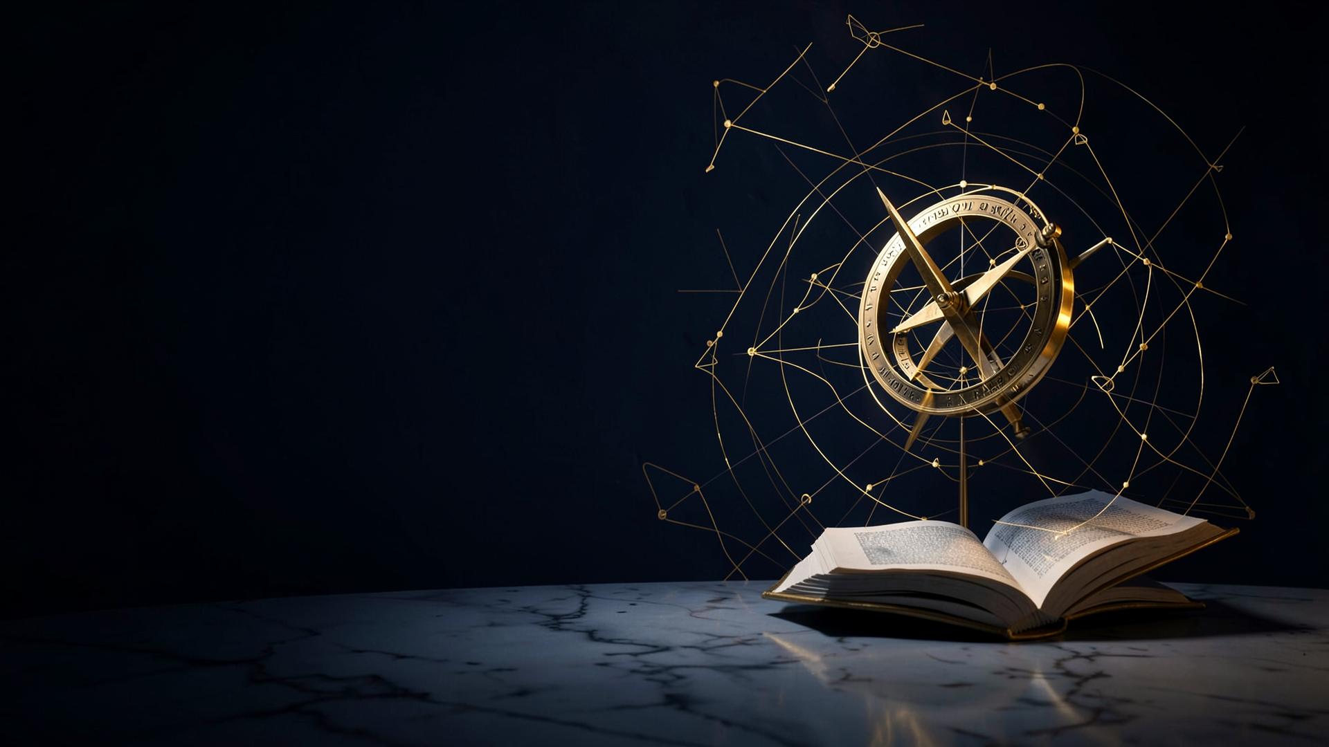 A brass astrolabe and open book beneath a constellation of fine gold lines on dark marble