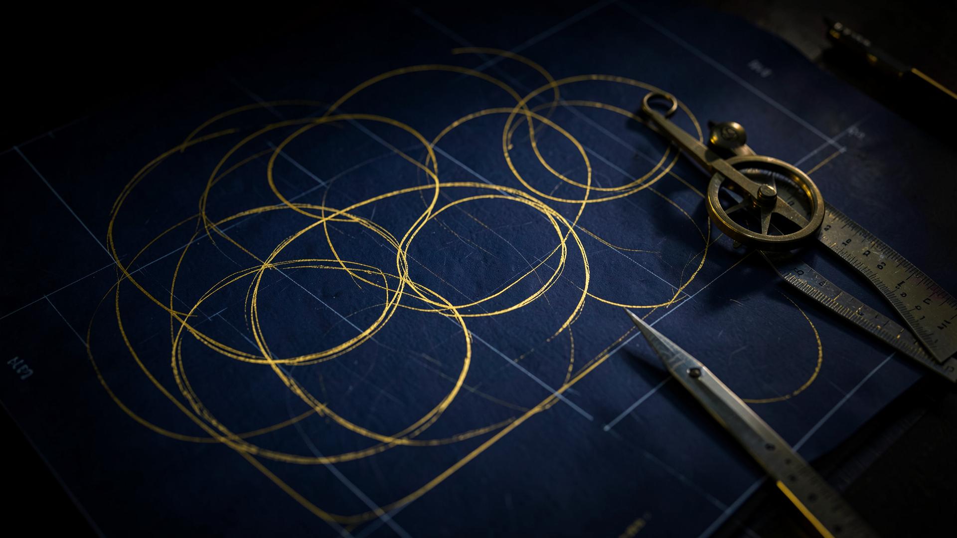 Brass drafting circles over an academic plan on dark marble