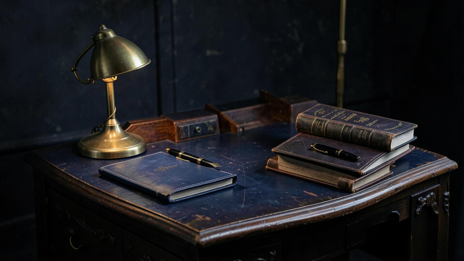 A mentor’s desk with notes, spectacles and a warm gold lamp