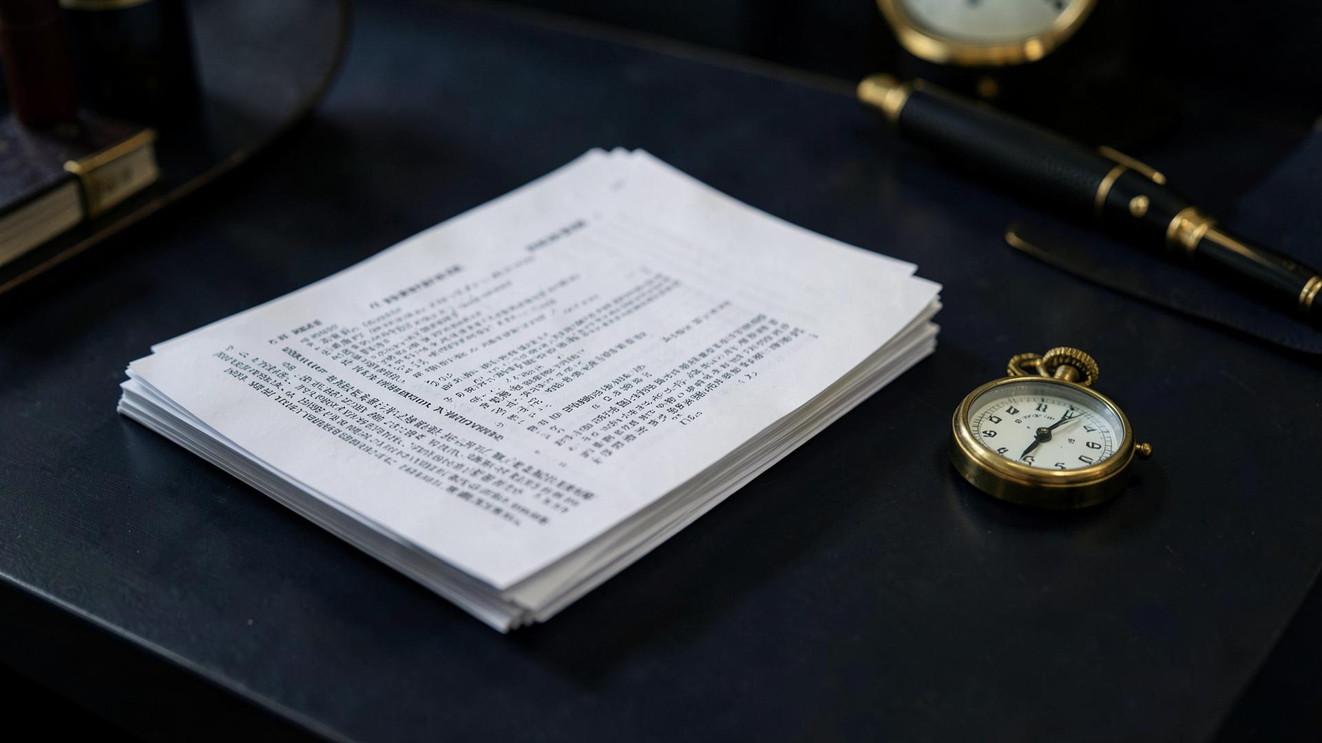 A stack of printed question papers beside a brass pocket watch and pen