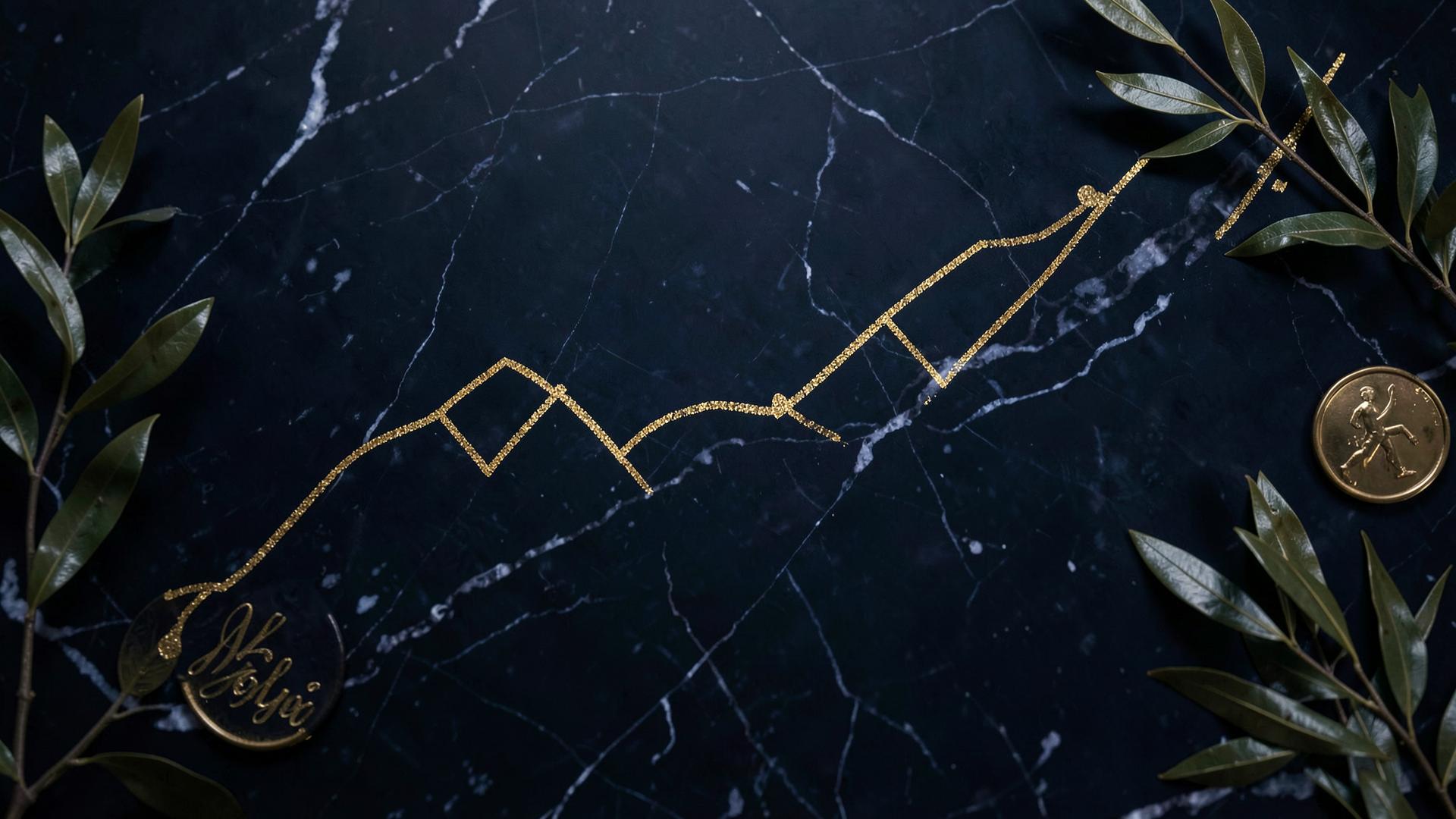 A rising gold trajectory line charted across dark marble