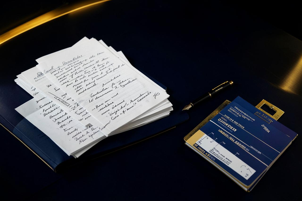 Handwritten notes, practice papers and a fountain pen on a dark desk